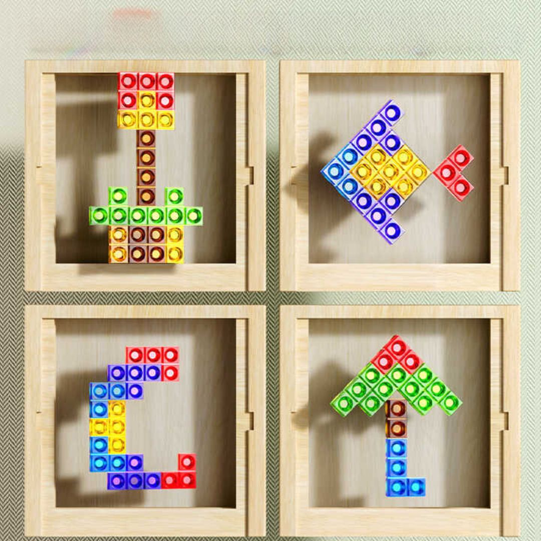 Houten Tetris puzzel met kleurrijke blokken