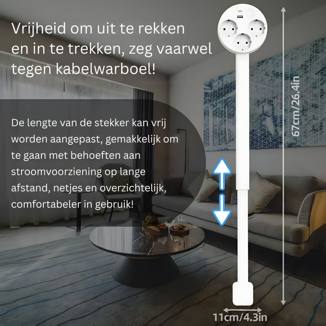Uittrekbaar stopcontact met USB en 3 EU-aansluitingen