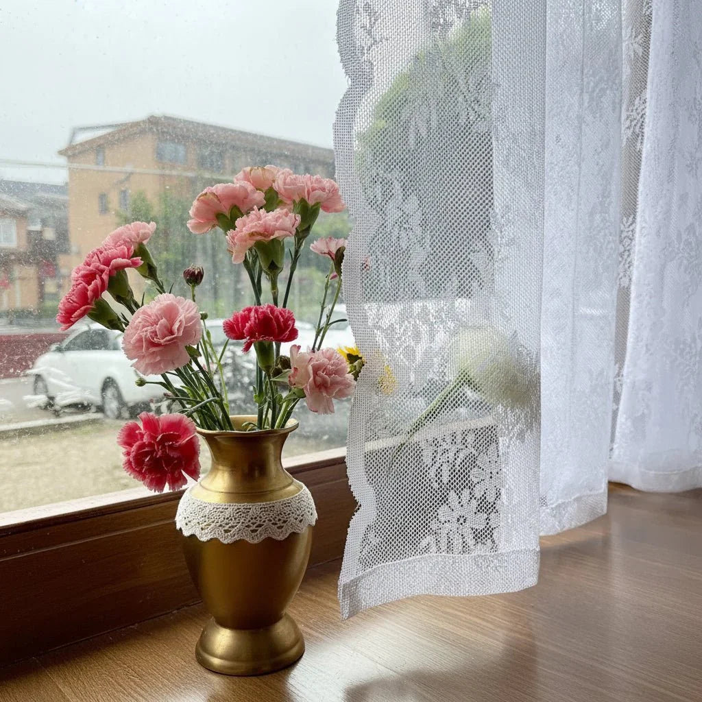 Transparant kanten vitrage gordijn met bloemenpatroon