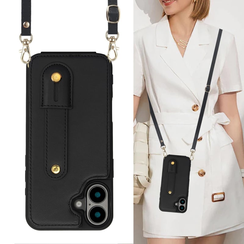 Telefoonhoesje voor iPhone 17 met pasjeshouder en draagkoord Zwart