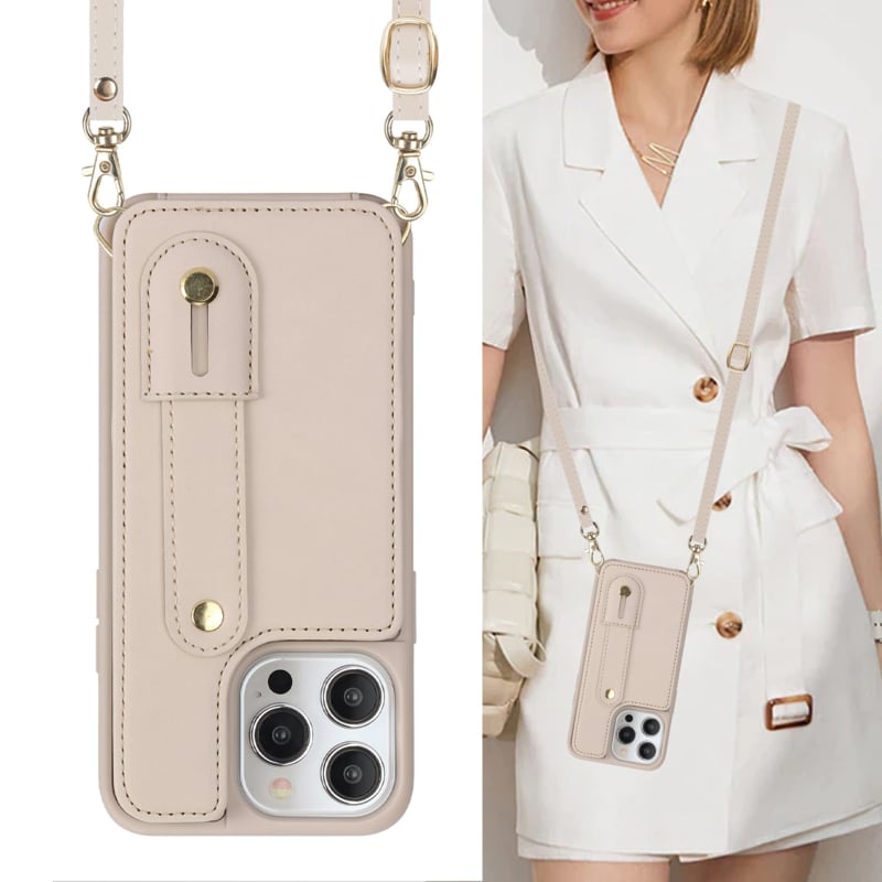 Leren telefoonhoesje met pasjeshouder en draagkoord voor iPhone 16 Pro Max
