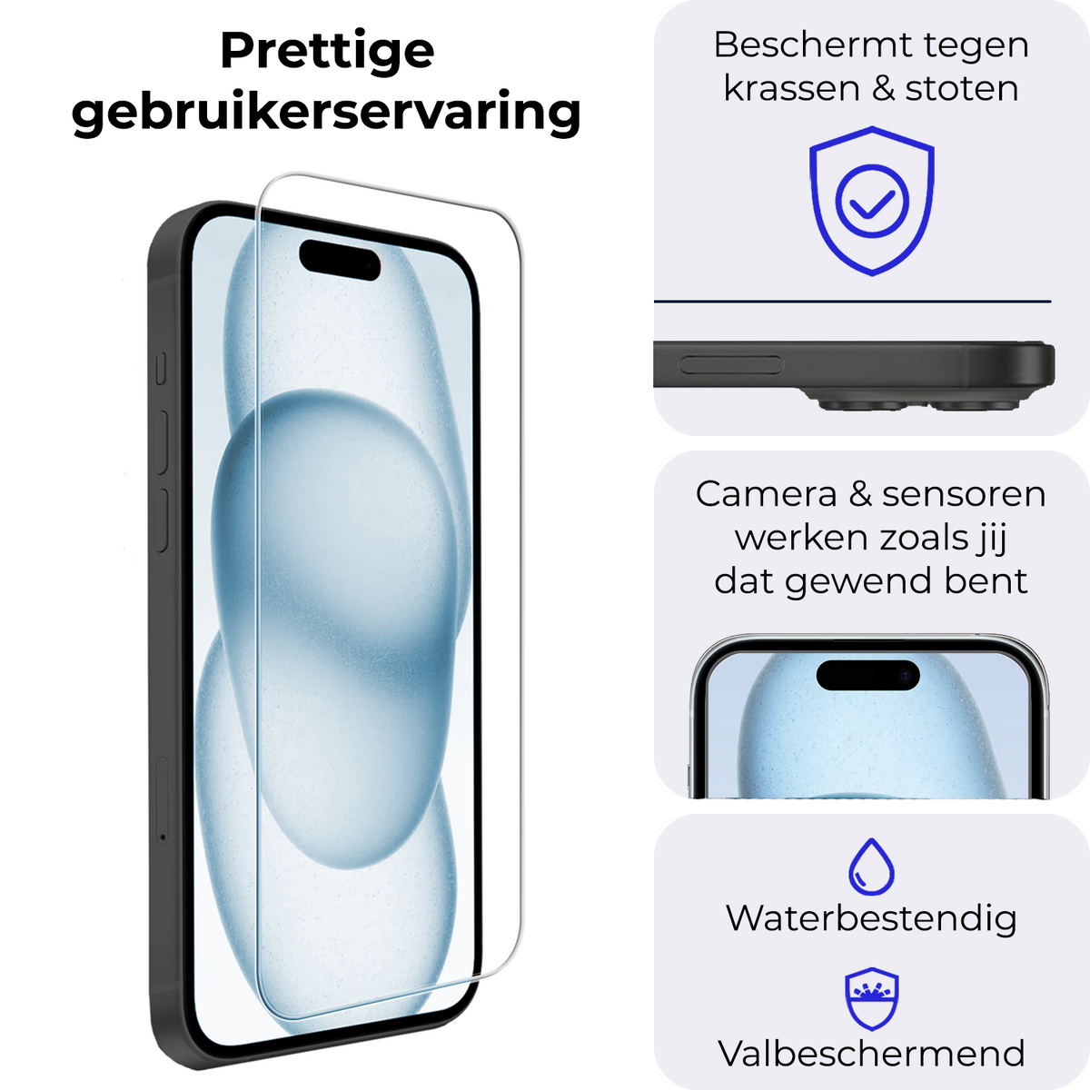 Screenprotector van gehard glas met installatieframe voor iPhone 15