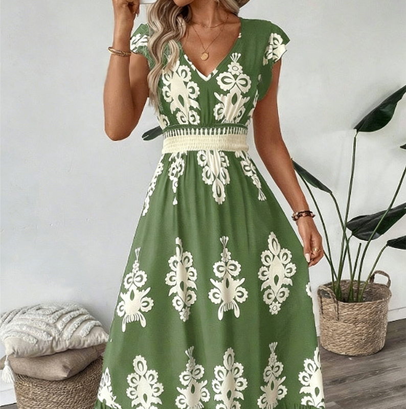 Maxi damesjurk met barokprint en V-hals