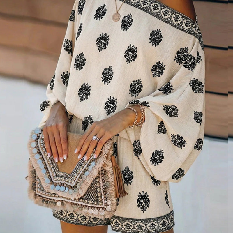 Bohemian dames jumpsuitset met schoudervrije top