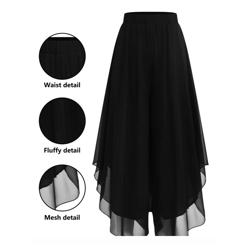 Dames Chiffon Wijde Pijp Broek met Asymmetrische Mesh Overlay
