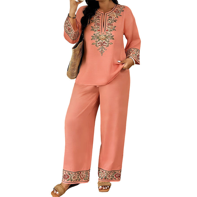 Tweedelige Dames Set met Geborduurde Blouse en Wijde Broek