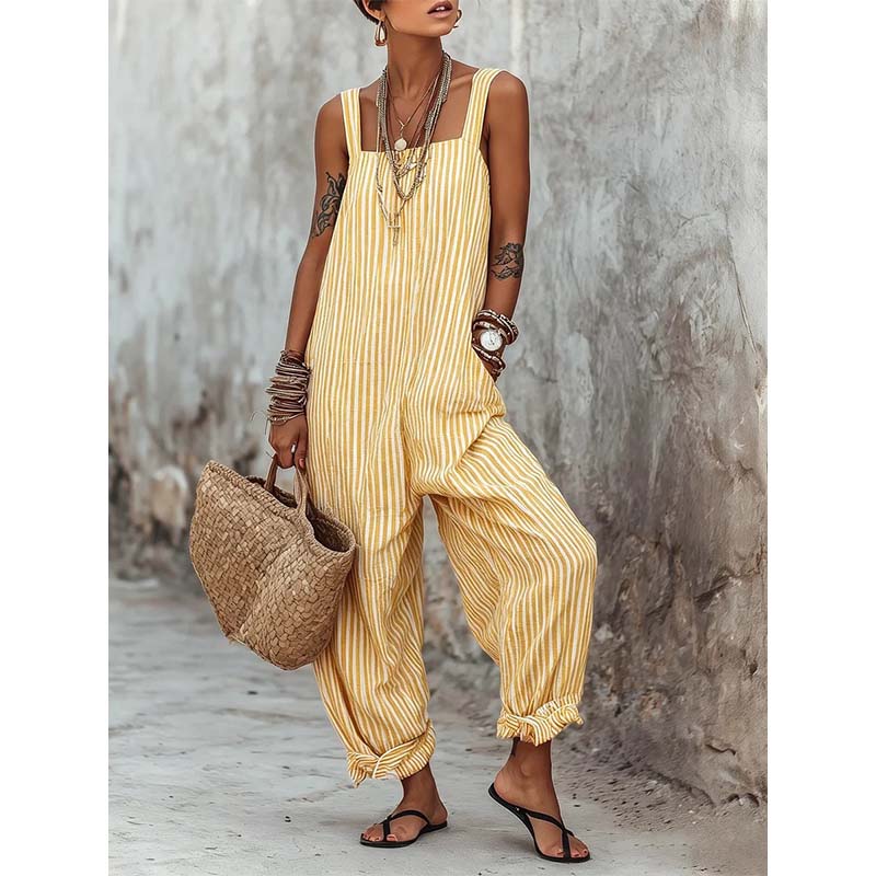 Gestreepte dames jumpsuit met dunne schouderbandjes