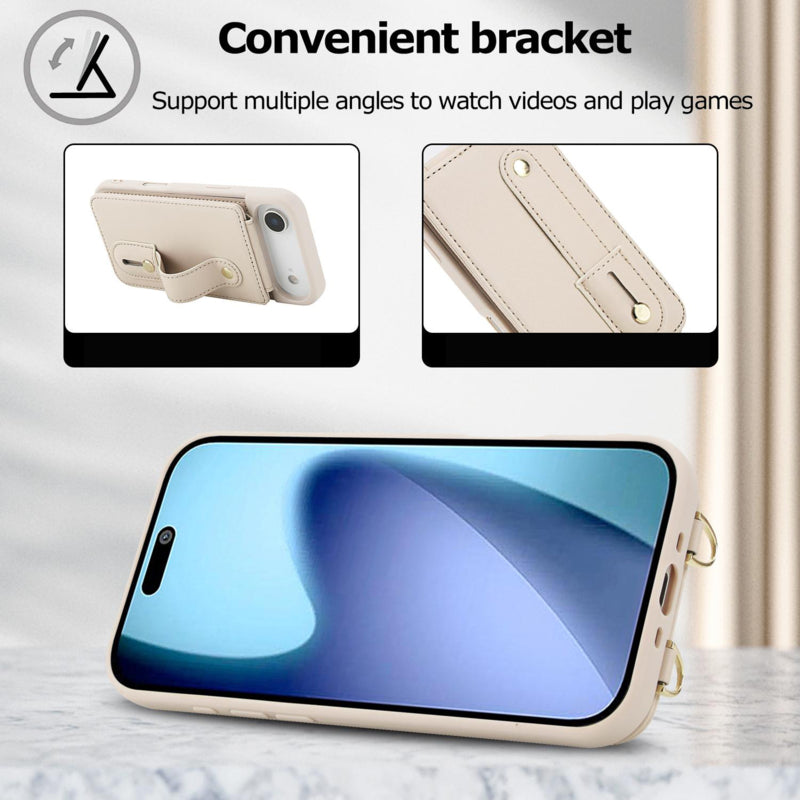 Leren iPhone Air hoesje met pasjeshouder en draagkoord Beige/Wit