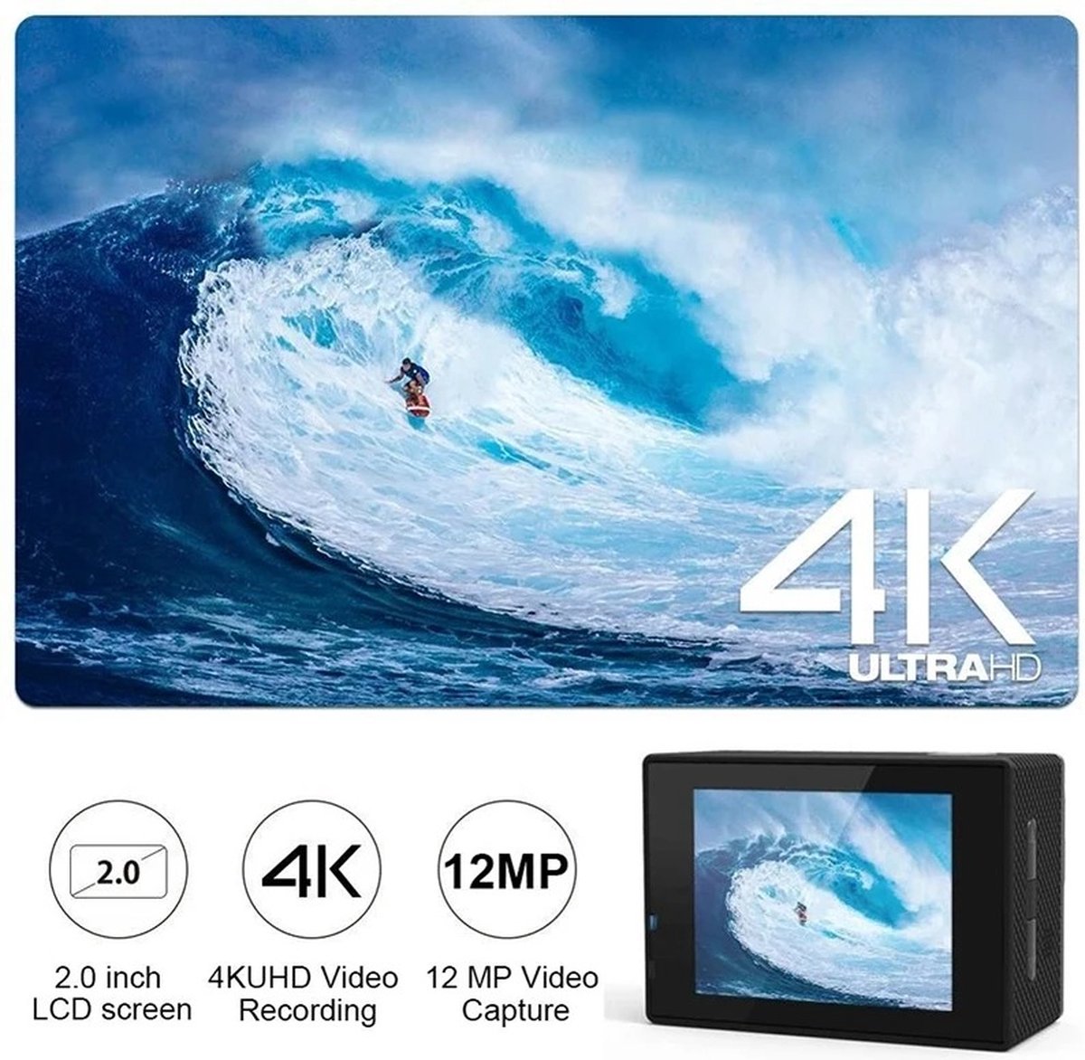 Waterdichte 4K action camera met afstandsbediening