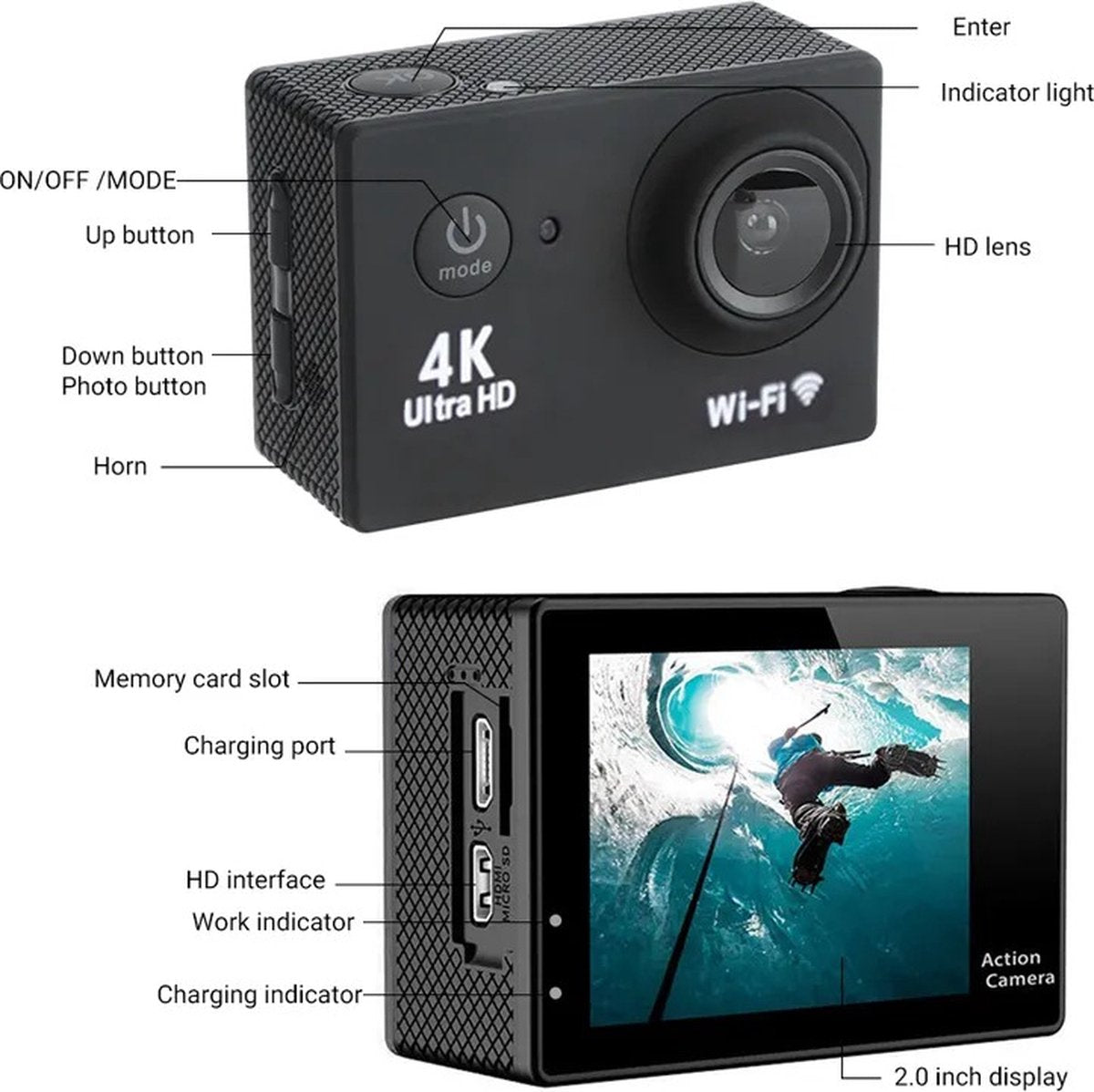 Waterdichte 4K action camera met afstandsbediening