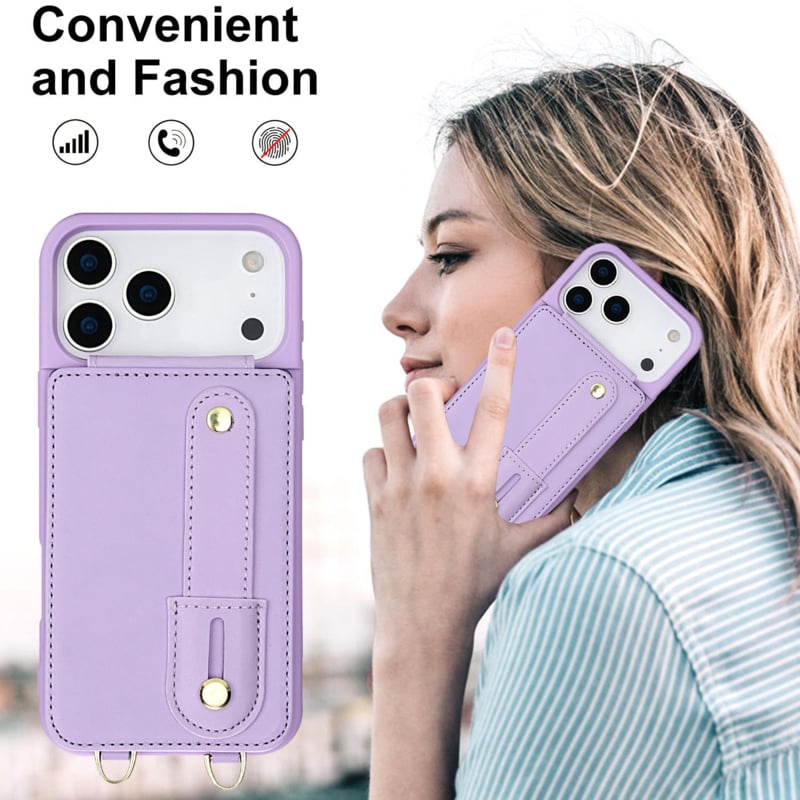 iPhone 17 Pro Max hoesje met pasjeshouder en draagkoord paars