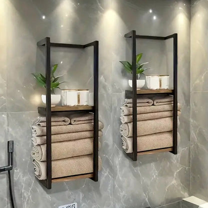 Handdoekenrek voor aan de wand met houten plank