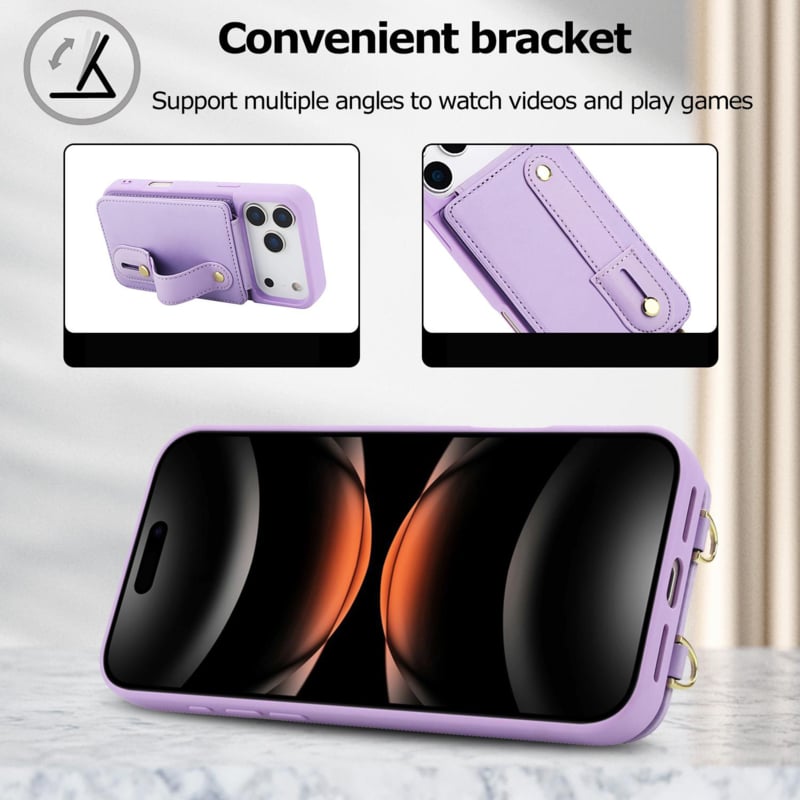 iPhone 17 Pro Max hoesje met pasjeshouder en draagkoord paars