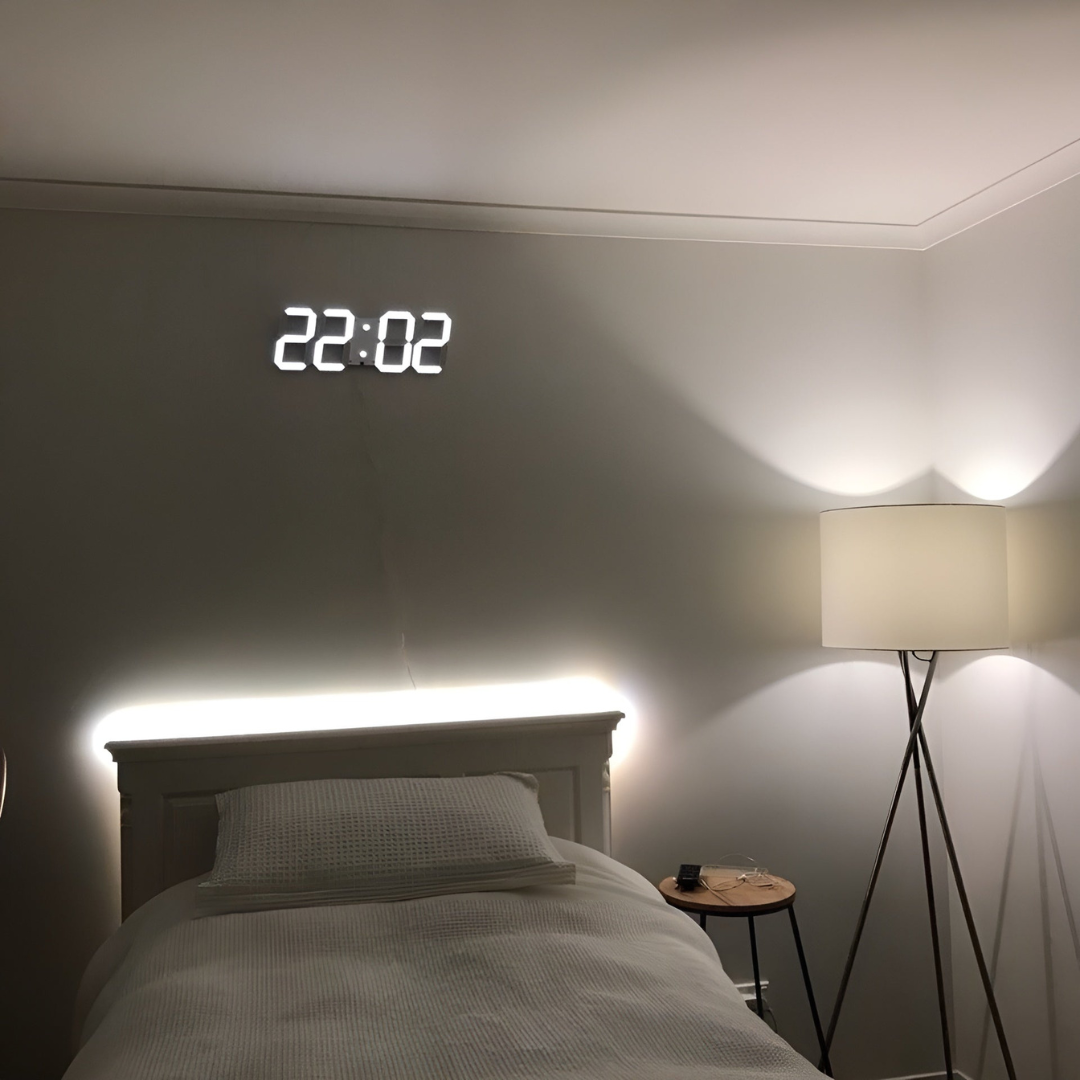 Digitale 3D LED wandklok met instelbare verlichting