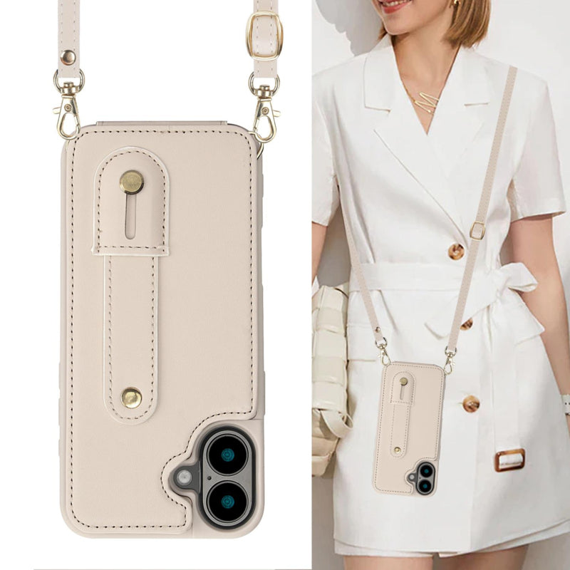 iPhone 17 Hoesje met Pasjeshouder en Draagkoord Beige/Wit
