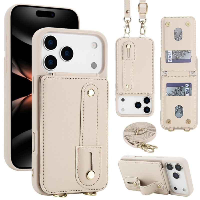 iPhone 17 Pro telefoonhoesje met pasjeshouder en draagkoord Beige/Wit