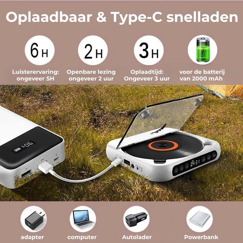 Draagbare cd-speler met bluetooth en oplaadbare batterij