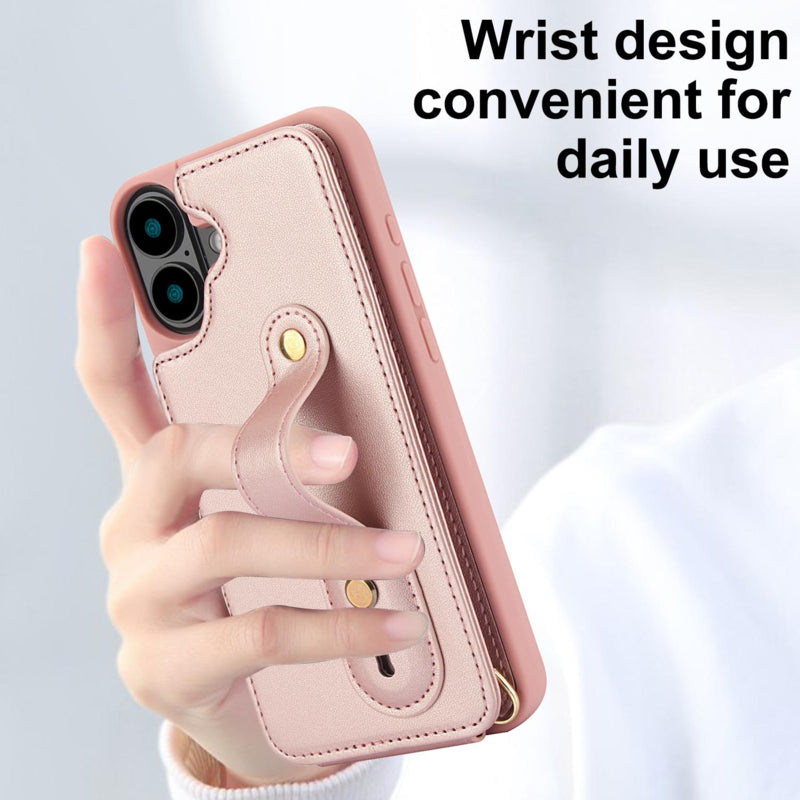 iPhone 16 Plus Hoesje met Pasjeshouder en Draagkoord Rosé Goud