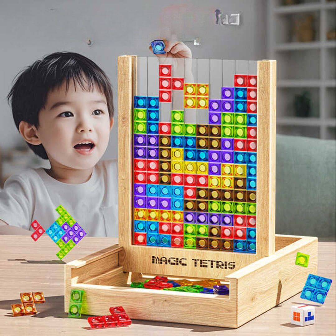 Houten Tetris puzzel met kleurrijke blokken