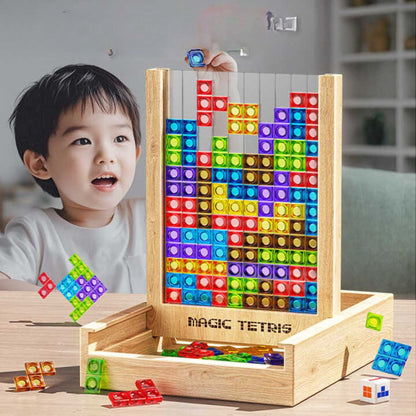 Houten Tetris puzzel met kleurrijke blokken