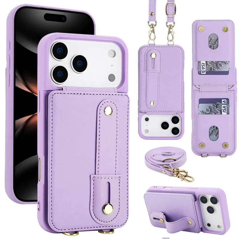 iPhone 17 Pro Hoesje met Pasjeshouder en Draagkoord Paars