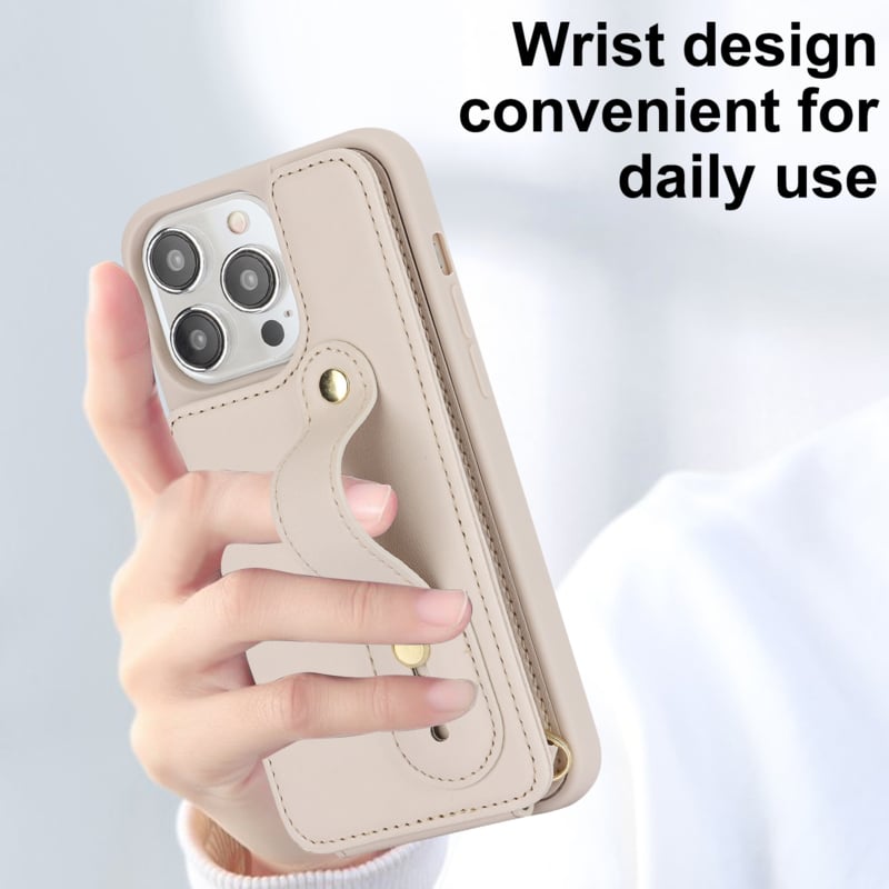iPhone 16 Pro Hoesje met Pasjeshouder en Draagkoord Beige/Wit