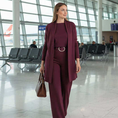 Elegante driedelige dames set met lang vest top en broek