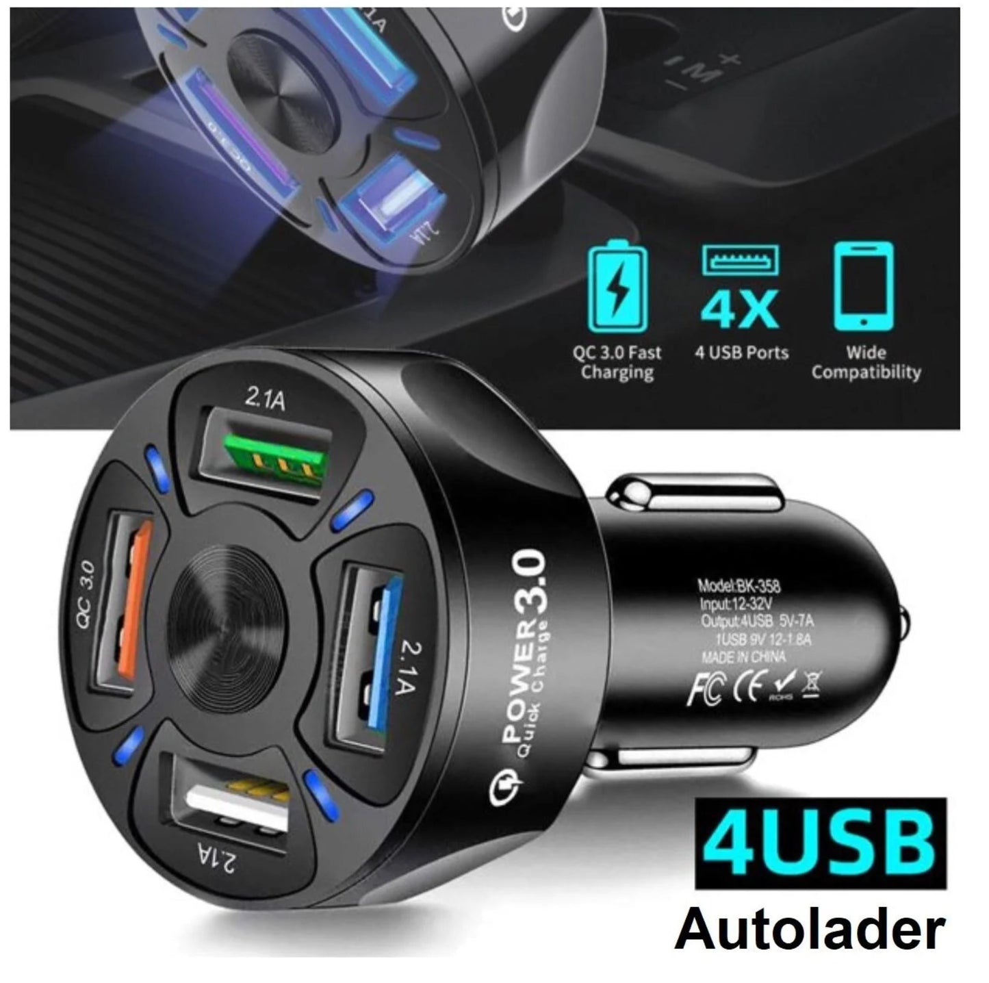 4 USB Poorten Autolader 48W - Geschikt voor alle apparaten