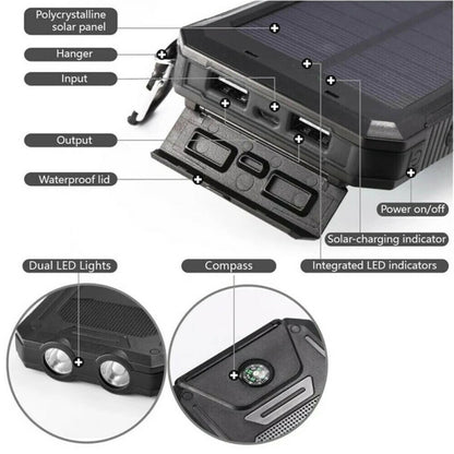 Waterdichte solar powerbank met dubbele USB en ledzaklamp