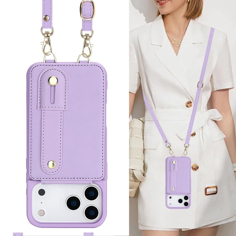 iPhone 17 Pro Hoesje met Pasjeshouder en Draagkoord Paars