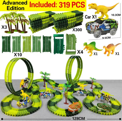 Flexibele dinosaurus racebaan met looping en elektrische auto's