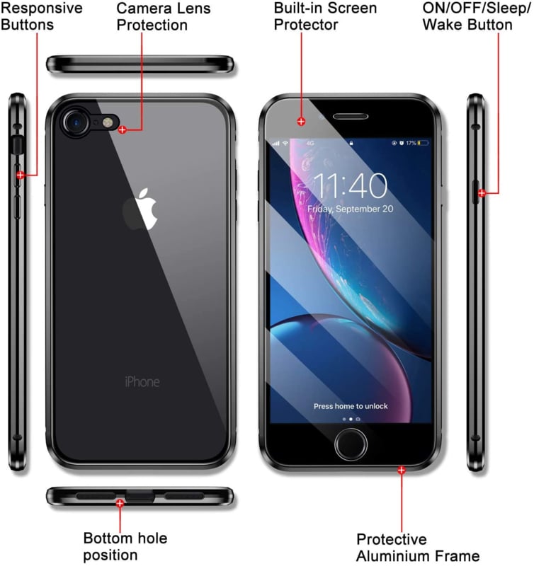 Magnetisch telefoonhoesje voor iPhone 7 / 8 / SE met dubbelzijdig glas