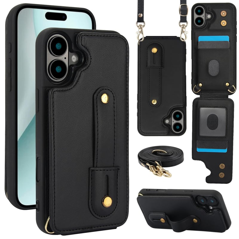 iPhone 16 Hoesje met Pasjeshouder en Draagkoord Zwart