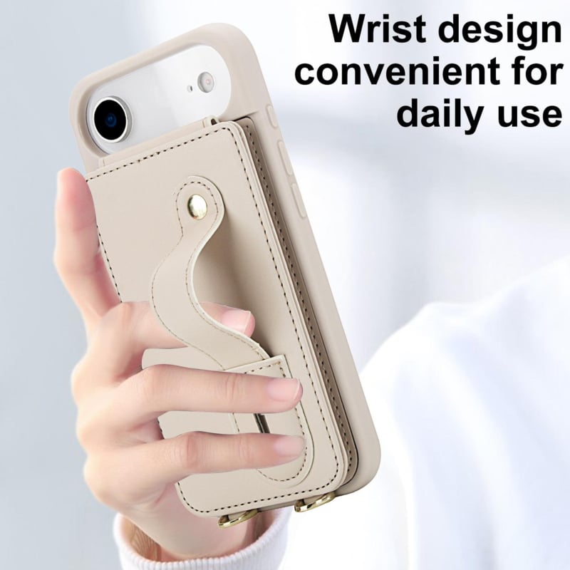 Leren iPhone Air hoesje met pasjeshouder en draagkoord Beige/Wit