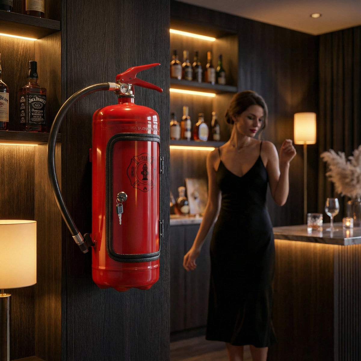 Mini bar kast in brandblusser ontwerp met glashouders