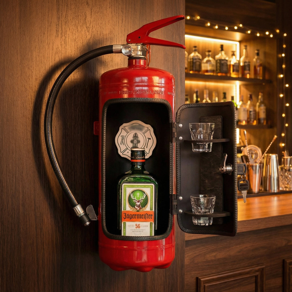 Mini bar kast in brandblusser ontwerp met glashouders