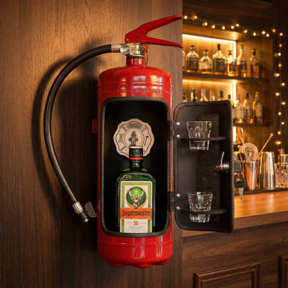 Mini bar kast in brandblusser ontwerp met glashouders