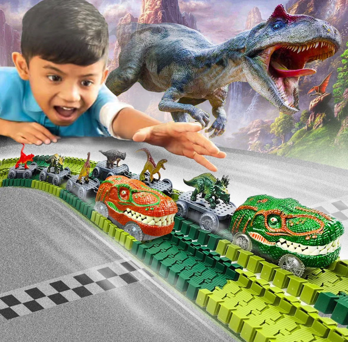 Flexibele dinosaurus racebaan met looping en elektrische auto's
