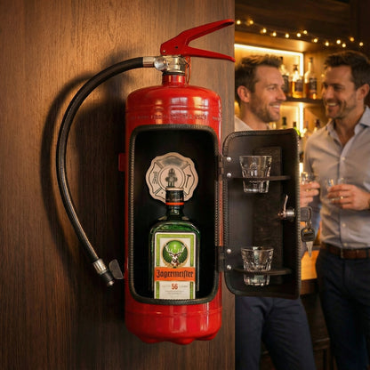 Mini bar kast in brandblusser ontwerp met glashouders