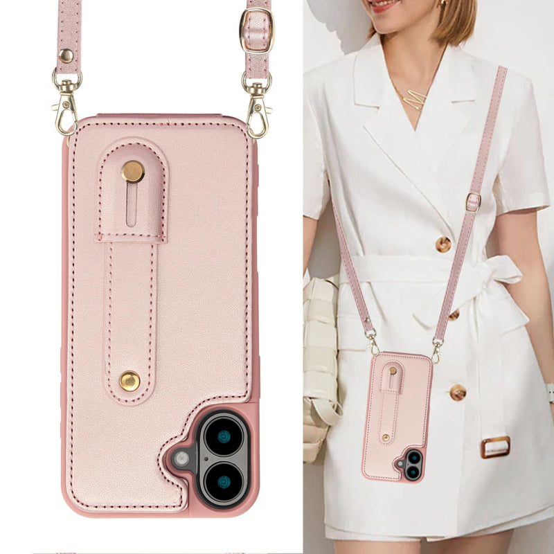 iPhone 16 Plus Hoesje met Pasjeshouder en Draagkoord Rosé Goud