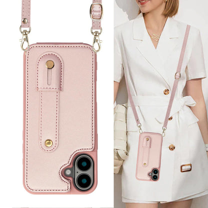 iPhone 16 Plus Hoesje met Pasjeshouder en Draagkoord Rosé Goud