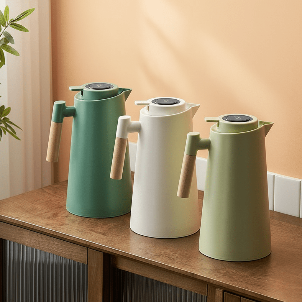 Dubbelwandige thermoskan met temperatuurdisplay en houten handgreep