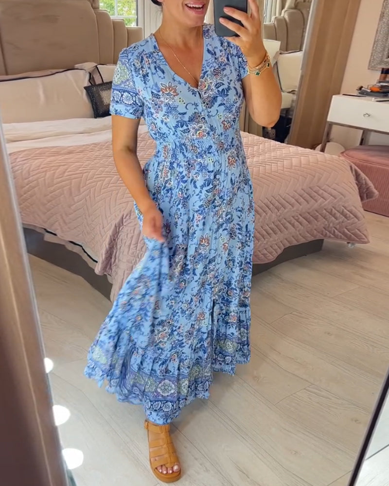 Damesjurk met bloemenprint en V-hals | LF10265005QLSS