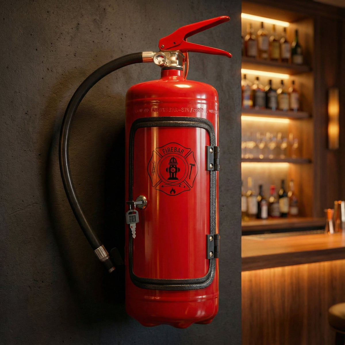 Mini bar kast in brandblusser ontwerp met glashouders