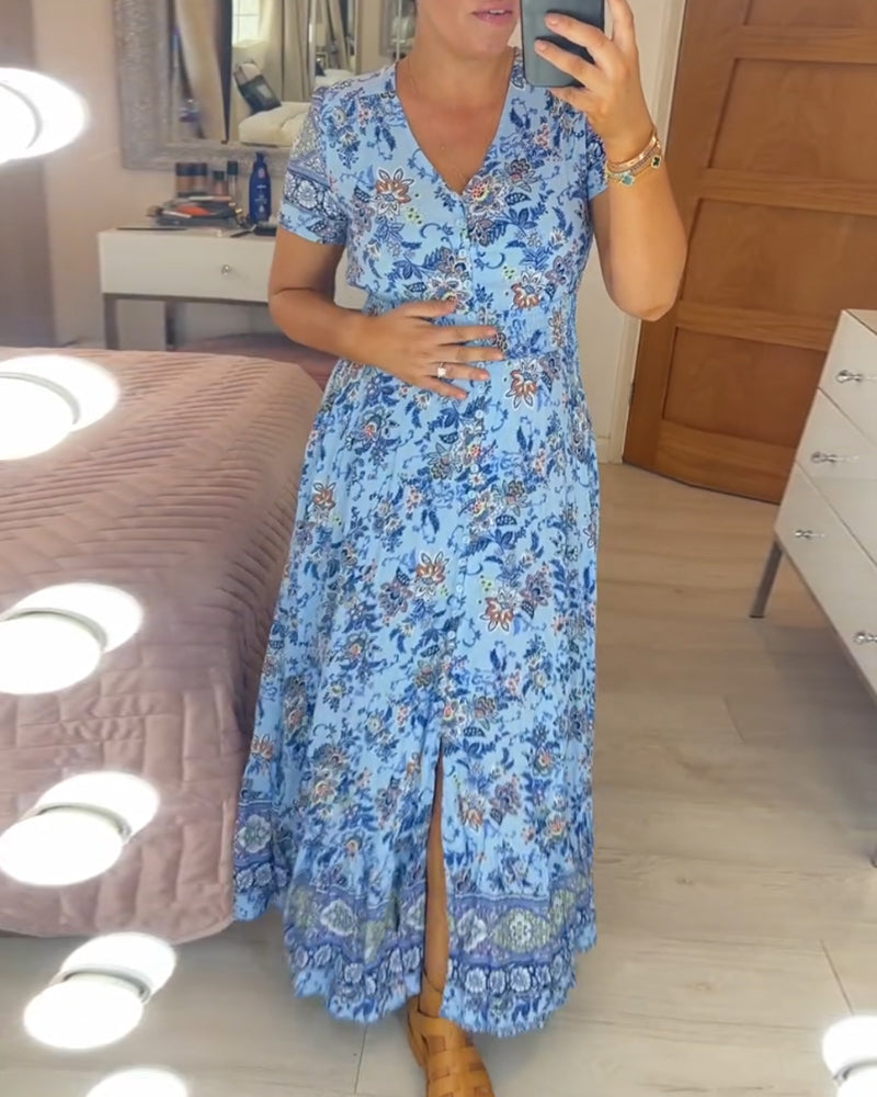 Damesjurk met bloemenprint en V-hals | LF10265005QLSS