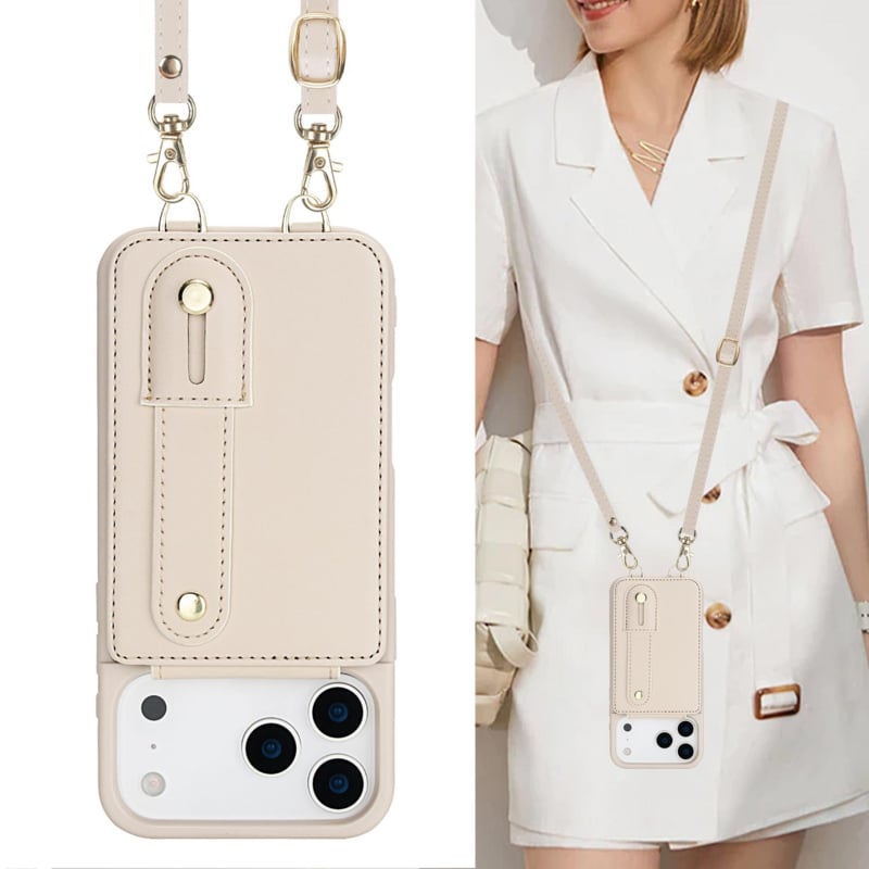 iPhone 17 Pro telefoonhoesje met pasjeshouder en draagkoord Beige/Wit
