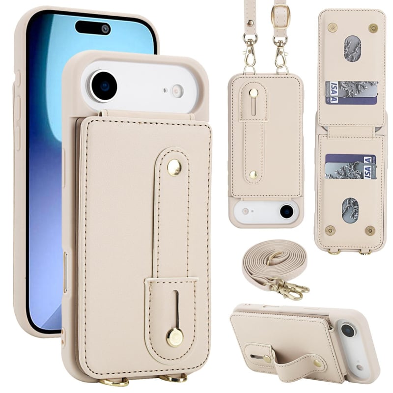 Leren iPhone Air hoesje met pasjeshouder en draagkoord Beige/Wit
