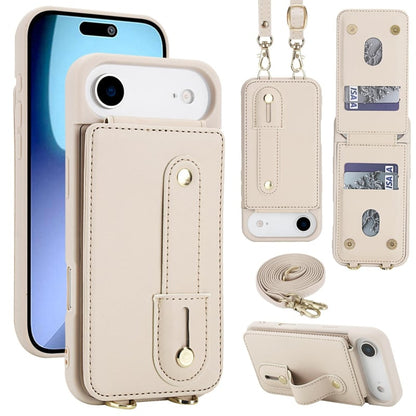 Leren iPhone Air hoesje met pasjeshouder en draagkoord Beige/Wit