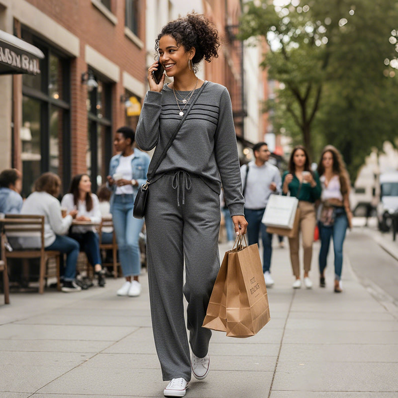 Casual dames set met top en broek met trekkoord