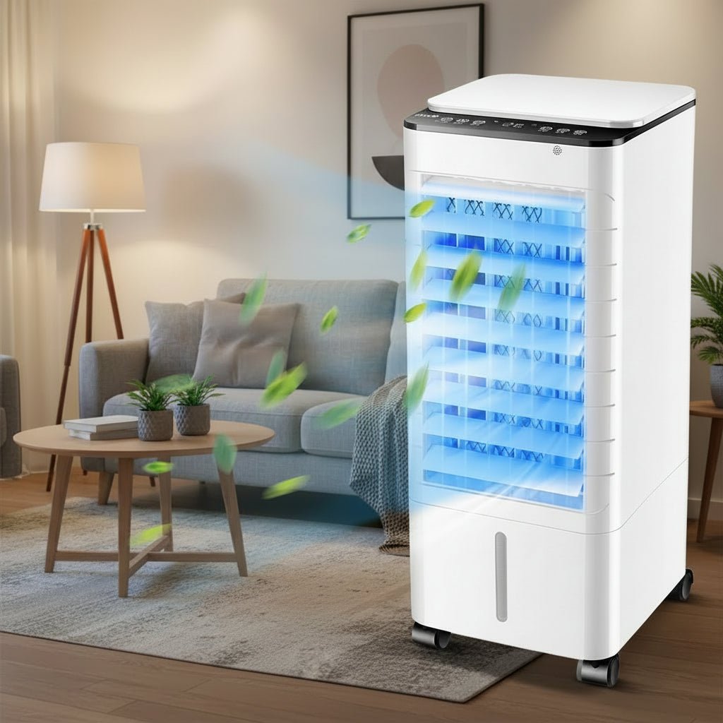Mobiele 3-in-1 aircooler met luchtbevochtiger en wielen